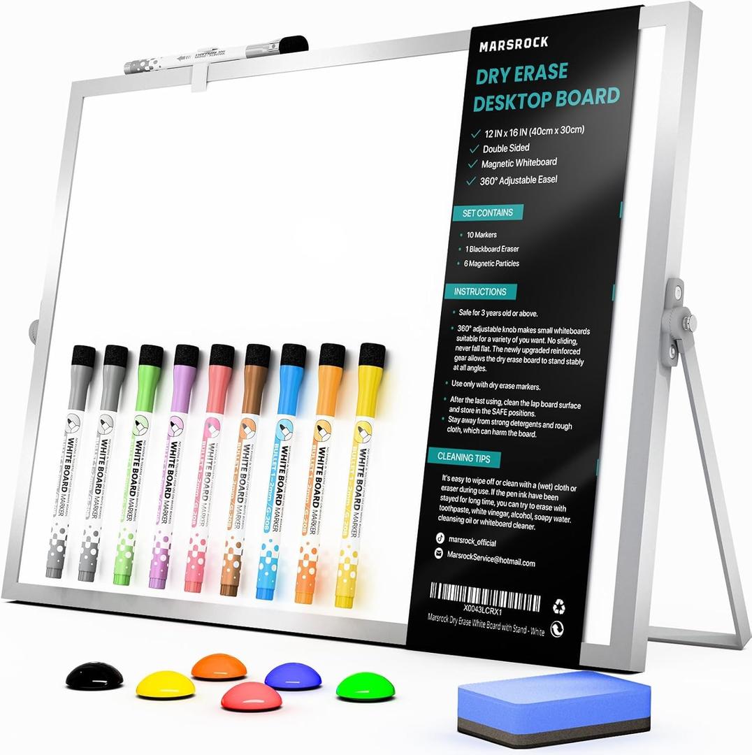 Dry Erase White Board with Stand,Double-Sided Whiteboard 16"x12", 10 Markers,6 Magnets, 1 Eraser,Portable Desktop Whiteboard for Planning,Colorful Weekly Schedule Board for School for Home