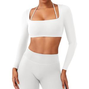 YEOREO Long Sleeve Crop Tops for Women Square Neck Workout Yoga Cropped T Shirt Top Padded Halter Neck with Detachable (Medium)