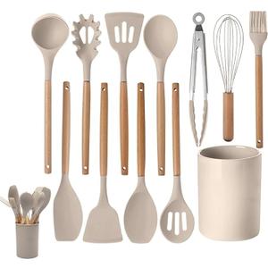 Silicone Cooking Utensils Set - 446F Heat Resistant Kitchen Utensils,Turner Tongs,Spatula,Spoon,Brush,Whisk,Kitchen Utensil Gadgets Tools Set for Nonstick Cookware,Dishwasher Safe (BPA Free) (Khaki)