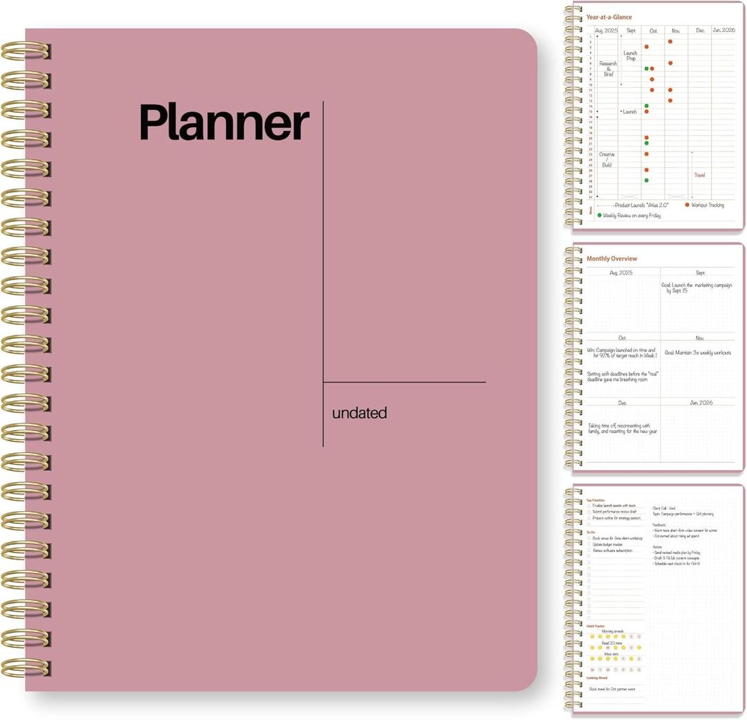 Undated Weekly Planner, 8.5x11  Dashboard Layout with Yearly Review, Monthly Calendars, & Weekly To Do List, Spiral Bound Organizer for Work, Study & Life (Pink)