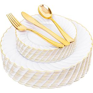YOUBET 125PCS White Plastic Plates with Gold Rim, Gold Plates Disposable with Golden Silverware Include 25 Dinner Plate 25 Dessert Plate 25 Forks 25 Knives 25 Spoons For Wedding, Parties Christmas