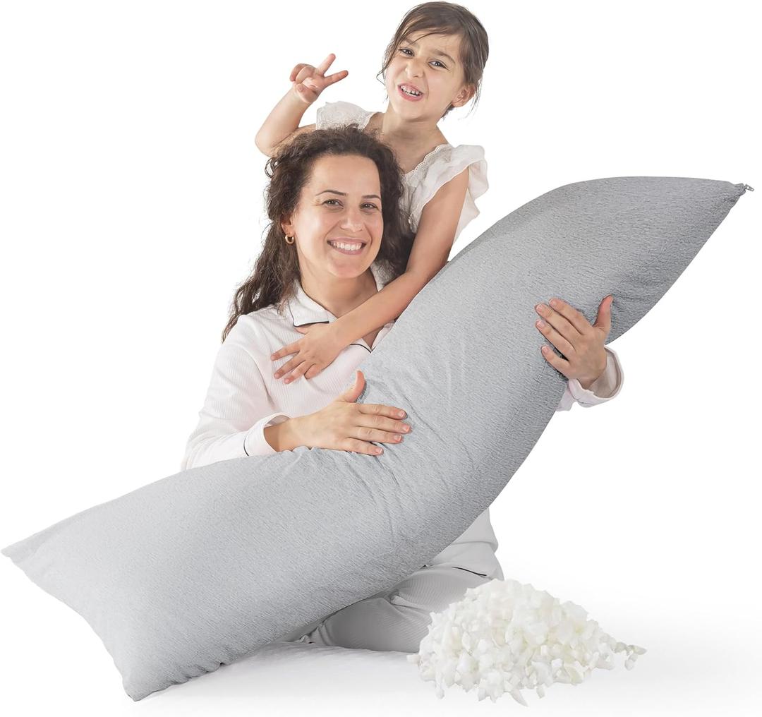 WhatsBedding Memory Foam Body Pillow with 100% Cotton Jersey Knitted Cover, Luxury Soft Large Long Pillow for Adults, Firm Full Body Pillow with Removable Zippered Pillow Case - Light Grey