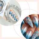 Rhinestone Press on Nails Medium Almond Fake Nails Blue Ombre False Nail with Design Stiletto Glue on Nails Glossy Acrylic Nail Full Cover Stick on Nail for Women Girls Manicure 24Pcs (style19)