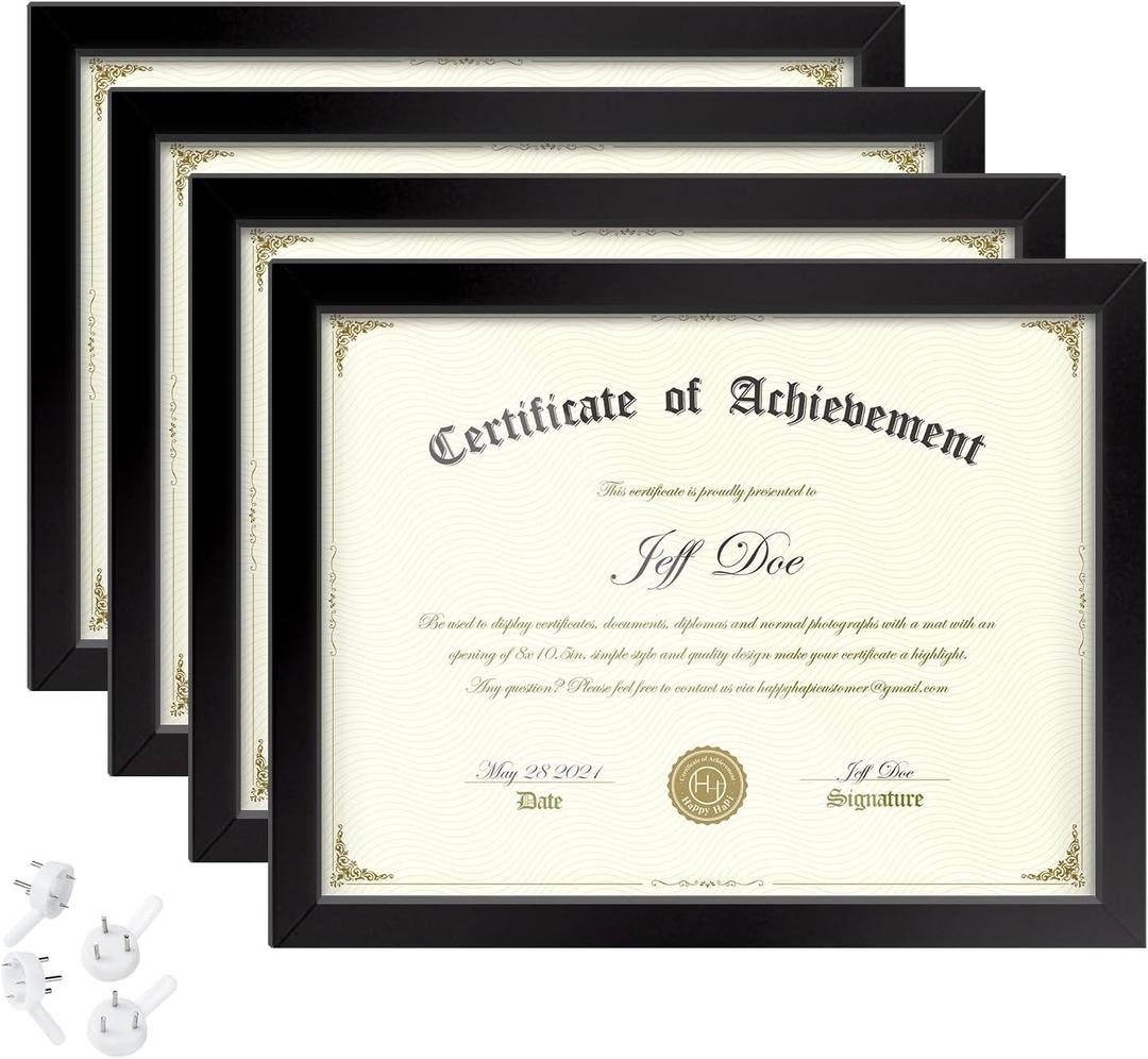 HappyHapi Certificate Frame 8.5x11, Degree Frame for Diplomas, Degree certificates, Photos, Diploma Frames for Tabletop and Wall Display, Black, 4 Pack