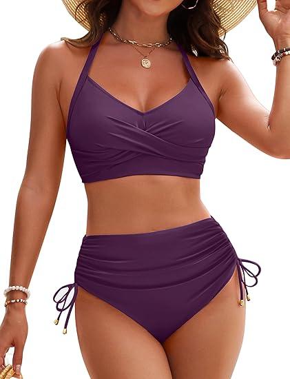 Blooming Jelly Womens High Waisted Bikini Sets Drawstring Tummy Control Swimsuits Crisscross Tie Back Bathing Suit M B