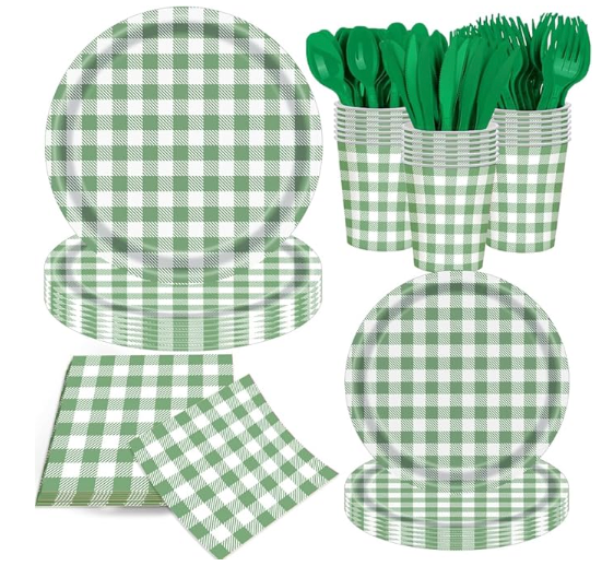 140Pcs Gingham Party Supplies for 20 Guests Thick Paper Plates and Napkins Knives Spoons Forks Cups Disposable Party Set Cutlery for Dinner Baby Shower Wedding Favor (Orange)