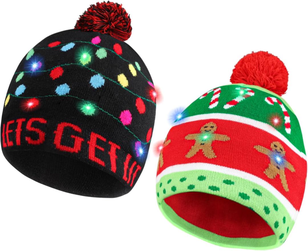 Blowata Christmas Hat Light Up Christmas Knitted Beanie Hat, Cute Cartoon Design Xmas Knit Cap with 6 Colorful LED Lights