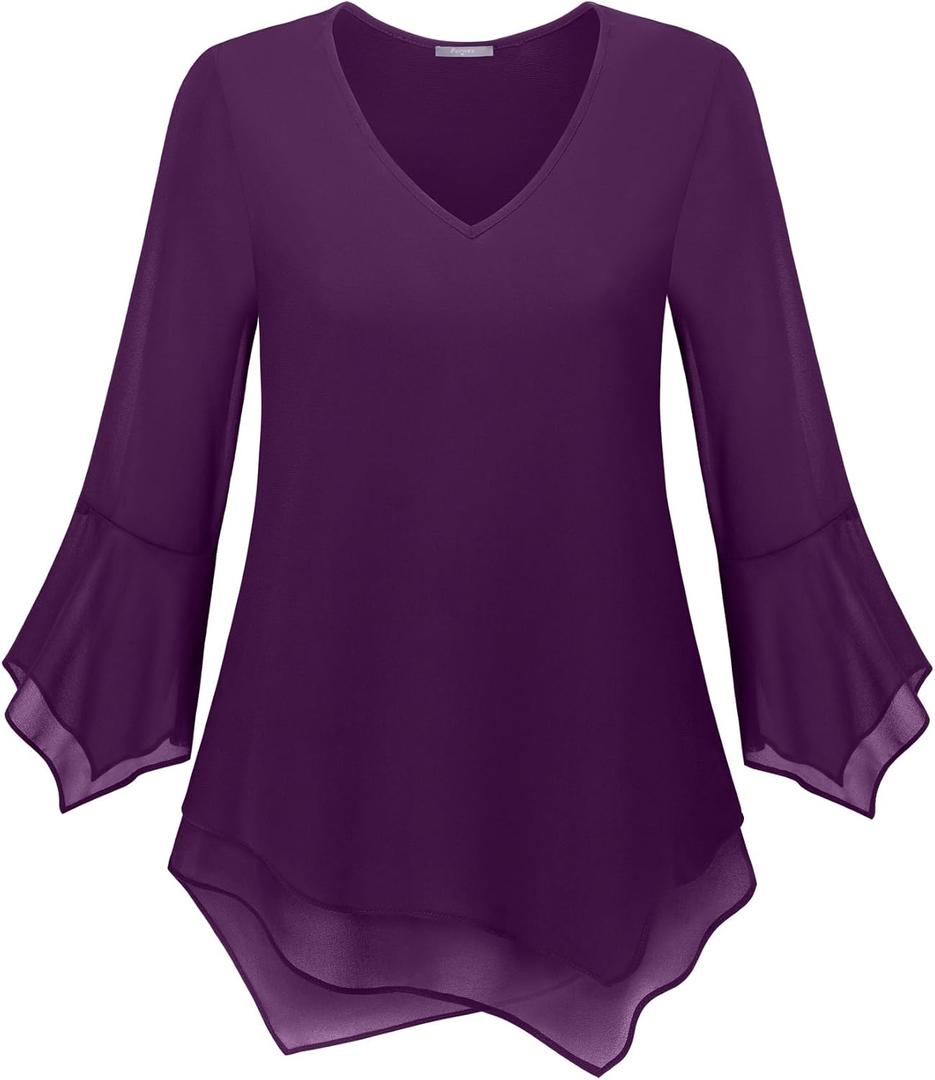 Furnex Blouses for Women Dressy Casual 3/4 Ruffle Sleeve V Neck Chiffon Double Layers Business Casual Tops for Women (Large, Deep Purple)