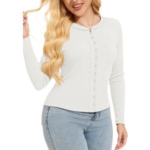 LOZ Womens Long Sleeve Button Down Shirts Slim Fit Crew Neck Tops Cute Ribbed Knit Casual Blouses Fashion Outfits (Medium)