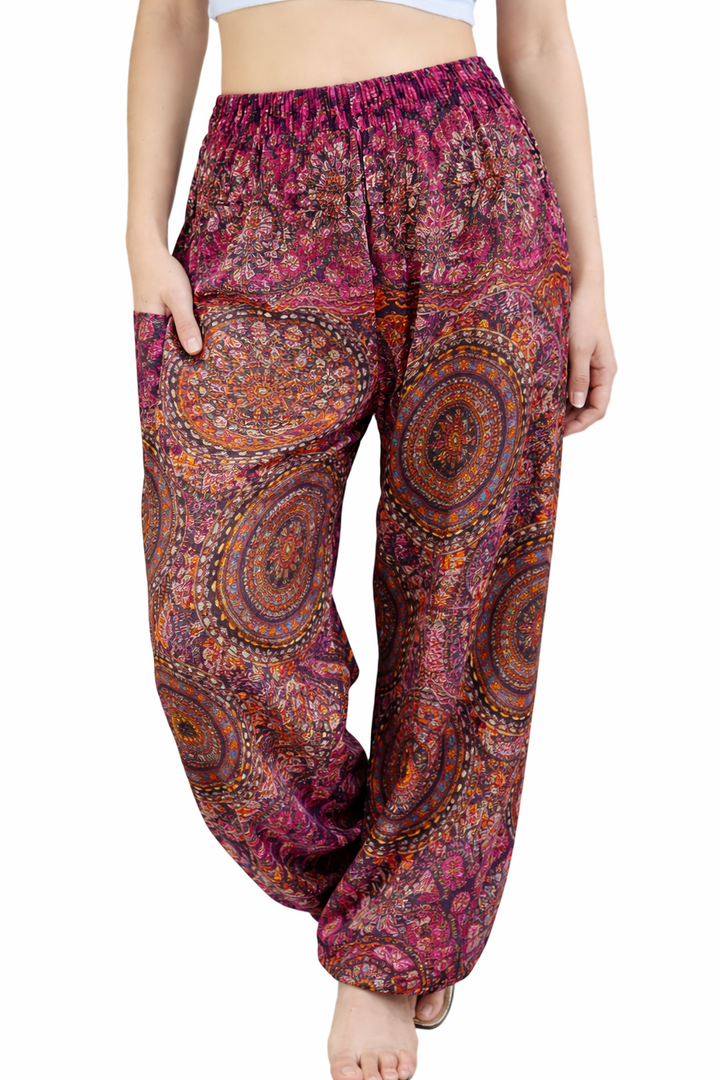 Boho Pants | Harem Pants Women with Pockets | Soft & Breathable Flowy Pajamas | Soft Yoga Pants| Hippie Clothes for Women, Size M