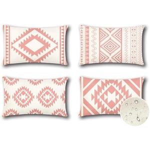 OTOSTAR Outdoor Waterproof Throw Pillow Covers 16x24 Inch Set of 4 Boho Farmhouse Outdoor Cushion Covers for Patio Funiture Garden（Geometry80-Pink）Pack of 2