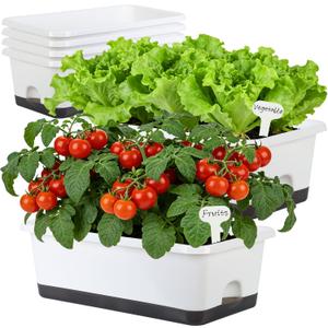 Window Box Planter 6 Pcs, 18 Inches Rectangle Flower Pots with Drainage Holes and Trays, Vegetable Planters for Windowsill Patio Garden Balcony Home Porch Yard Indoor Outdoor (White, 18*10*6 inch)