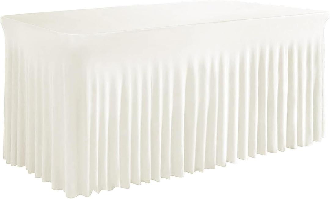 White Table Skirt, Wrinkle-Free Spandex Table Covers 6ft, Elastic Fitted Washable Tablecloth for Rectangle Tables for Wedding, Banquet, Party, Events