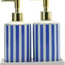 Coastal Blue & White Ceramic Soap Dispenser Set with Gold Pump 3-Piece Bathroom & Kitchen Accessories with Tray, Refillable Lotion & Dish Soap Pump Bottles for Beach House & Nautical Dcor