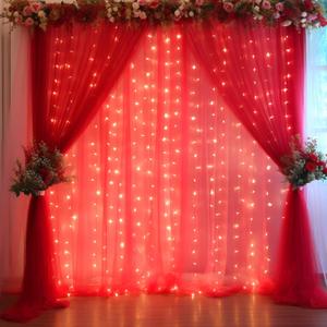 PARTISKY 20x10ft Red Tulle Backdrop Curtain with Lights String for Parites, Sheer Backdrop Curtains for Wedding Baby Shower Birthday Party Photo Shoot Decorations (20ft x 10ft(4 Panels 5*10ft))