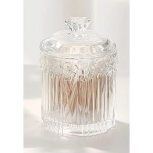 1 Pack Qtip Holder Glass Apothecary Jars with Lids Bathroom Accessories Vanity Organizers and Makeup Storage Canister for Cotton Swabs, Balls, Pads, Floss Picks, Candy, Clear
