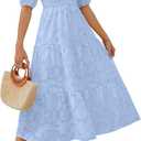 ZESICA Women's 2026 Summer Short Puff Sleeve Crewneck Smocked Floral Lace Flowy A Line Tiered Maxi Dresses (Blue, M)