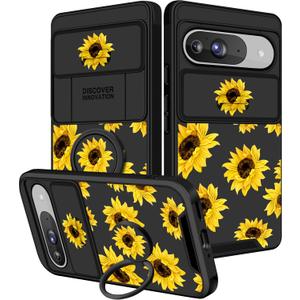 Funermei for Pixel 9 Pro/Pixel 9 Case - Women Girls Cute Phone Cover Girly Pretty Aesthetic Sunflower Flower Floral Unique Design with Camera Cover and Ring Stand Funda for Pixel 9 Pro/Pixel 9