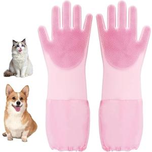 Silicone Pet Bathing Gloves with Finger Toothbrush 2-in-1 Grooming & Deshedding Gloves for Cats, Dogs, Rabbits Extended Design for Easy Cleaning & Massage(Pink)