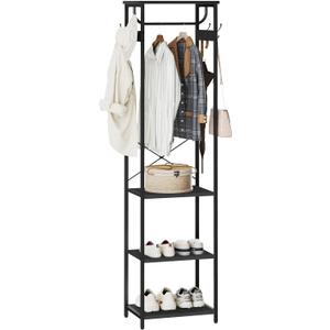 Coat Rack With Hanging Rod, Garment Rack With 3 Wooden Shelves and 4 Hooks, Freestanding Hall Tree, Industrial Clothes Rack Stand Organizer, Black