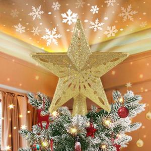 Christmas Star Tree Topper Projector, Lighted 3D Star Tree Top with Rotating LED Snowflake Projection, Glitter Gold Xmas Tree Decoration, Easy Setup for Holiday Home Christmas Party Dcor