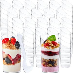 100 Pack Mini Dessert Cups with Spoons Small Plastic 3 oz Slanted Round Shooter Disposable Clear Plastic Parfait Appetizer Cup for Tasting Sample Appetizers