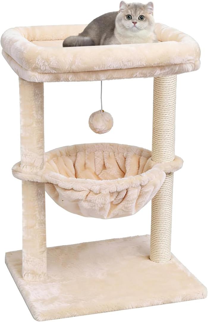 SYANDLVY Small Cat Tree for Indoor Cats, Activity Cat Tower with Scratching Post for Kittens, Cat Furniture with Basket & Hanging Ball for Play Rest, Beige