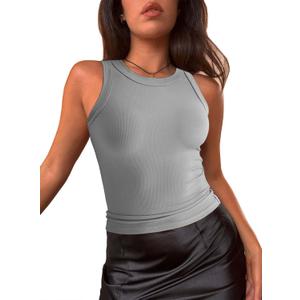 Women's Sexy Crew Neck Sleeveless Tank Tops Racer Back Seamless Ribbed Y2K Cropped Tank Yoga Crop Tops (M)