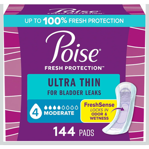 Poise Ultra Thin Incontinence Pads & Postpartum Pads for Bladder Leaks, 4 Drop Moderate Absorbency, Regular Length, 144 Count