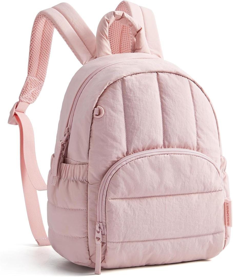 BAGSMART Mini Backpack for Women, Lightweight Puffer Small Backpack Purse, Quilted Casual Travel Daypack, Cute Water-Resistant Bookbag for Daily, Pink