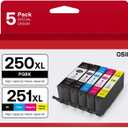 PGI-250XL CLI-251XL 5 Color Value Pack, Compatible for Canon 250 251 Ink Cartridges to use with PIXMA MX922, MG5420, MG5520, MG5522, MG6320, MG6620, iP7220 (PGBK, Black, Cyan, Magenta, Yellow)