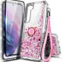 NGB Case for Samsung Galaxy S21 FE 5G with Tempered Glass Screen Protector (Maximum Coverage), Ring Holder/Wrist Strap, Girls Women Liquid Bling Sparkle Glitter Cute Case (Rose Gold)