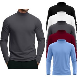 5 Pack Men's Mock Turtleneck Shirts, Long Sleeve Tops Pullover Basic Casual Slim Fit Lightweight T-Shirts Pack (Large, Black, White, Wine Red, Dark Gray, Light Blue)
