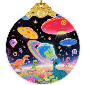 2 x UFO Alien Glass Ornaments, UFO, Dinosaur & Alien Christmas Ornament for Christmas Tree Decor, Holiday Presents, Exchange Ideal Gift for Space & Fantasy Lovers