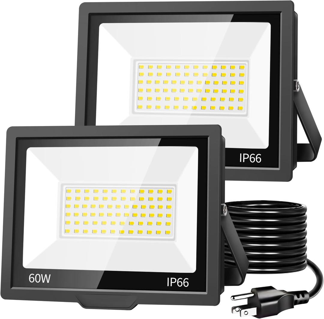 60W LED Flood Light Outdoor with 5FT US Plug, 7200LM Brighter Work Light, IP66 Waterproof Exterior Security Lights, 5000K Daylight White Outside Floodlights for Yard Garage Patio Doorway, 2 Pack