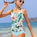 Qaoerde Girls Swimsuit Tropical Print Bikini Set with Ruffle Hem Two Piece Criss Cross Bathing Suits for Girls 7-14 Years (9-10 Years, Blue Plant)