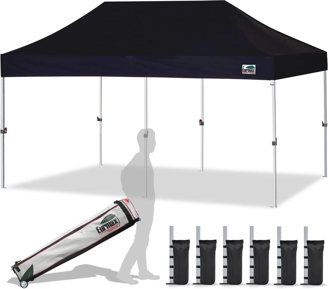 Eurmax USA 10x20ft Pop Up Canopy, Commercial Instant Tent for Outdoor Events, Patented No-Tip Rolling Storage Bag with 6 Sandbags,UV & Water Resistant,Heavy Duty Portable Shelter Gazebo,Black