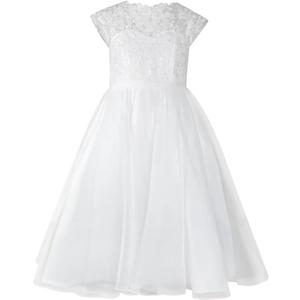 Lace Applique Tulle Flower Girl Dress for Wedding Ankle Length Kids Princess Pageant Dress Bow-Knot Proms Ball Gowns (12-13Y, White)