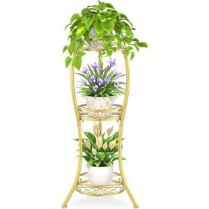 iDavosic.ly 3 Tier Tall Metal Plant Stand Indoor Outdoor, Wrought Iron Corner Flower Pot Holder Shelf, 34 Inch Vertical Display Rack for Patio Porch Living Room Garden, Gold