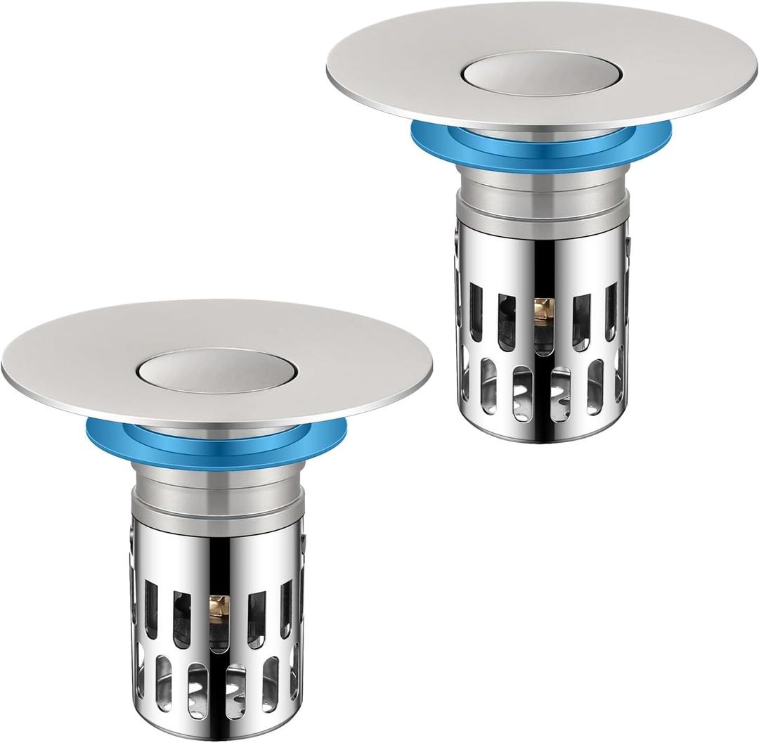 DODOBETTER Universal Bathroom Sink Stopper, Pop Up Sink Drain Strainer Plug with Removable Stainless Steel Filter Basket Hair Catcher,Brass Body,Bathroom Bathtub Drain Stopper(2 PCS),Brushed Silver