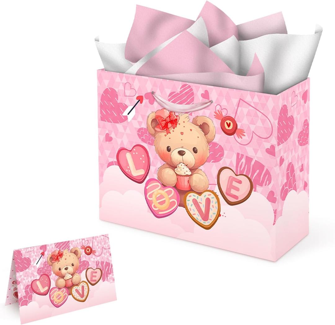 ORNACELE 1 Pack Valentines Gift Bags, 13 x 10.2 x 4.9 in, with Cards and Tissue Paper, Happy Valentines Day Paper Bags for Party