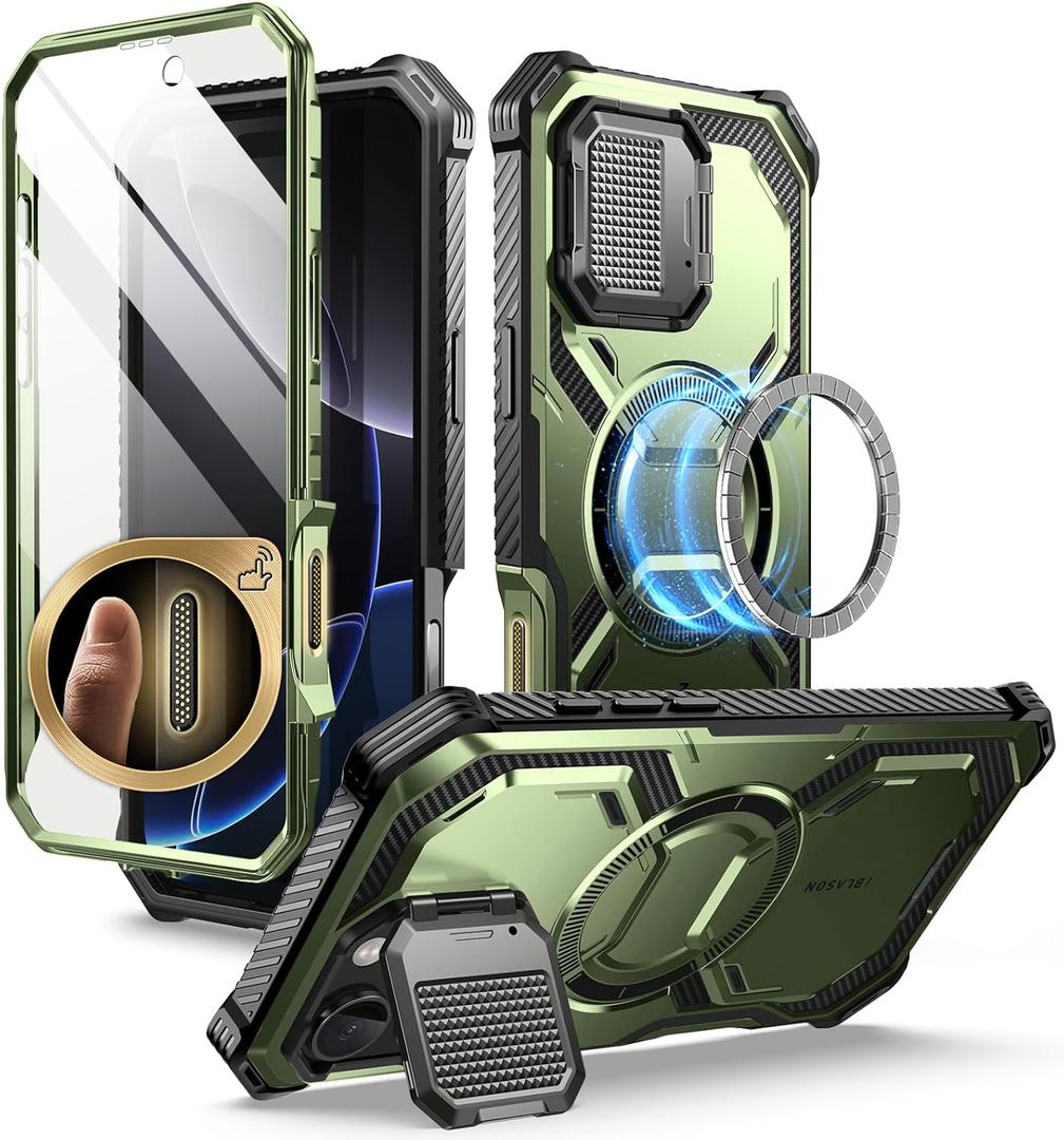 i-Blason Armorbox for iPhone 16 Pro Max Case MagSafe [Camera Control Button Cover] [Camera Cover Stand] [Military Protection] Full-Body Magnetic Phone Case with Built-in Screen Protector, Green