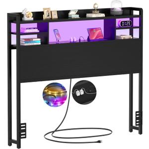 Aheaplus Headboard for Twin Size Bed with Storage, Headboards with LED Light, Power Outlets, USB Ports Twin Size Head Board, Wood headboard Only Sturdy and Stable Headboards, Modern, Black