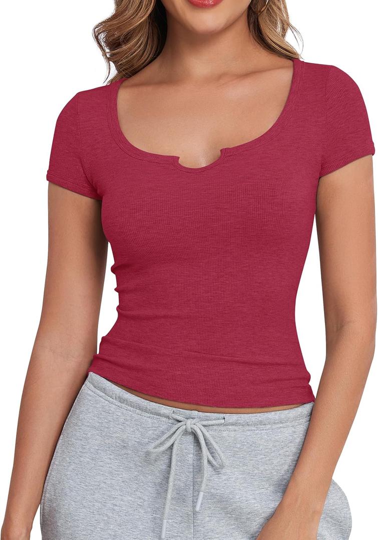 Artfish Women's Short Sleeve T-Shirts Form Fitting Ribbed Knit V Notch Scoop Neck Basic Crop Top (Medium, Burgundy)