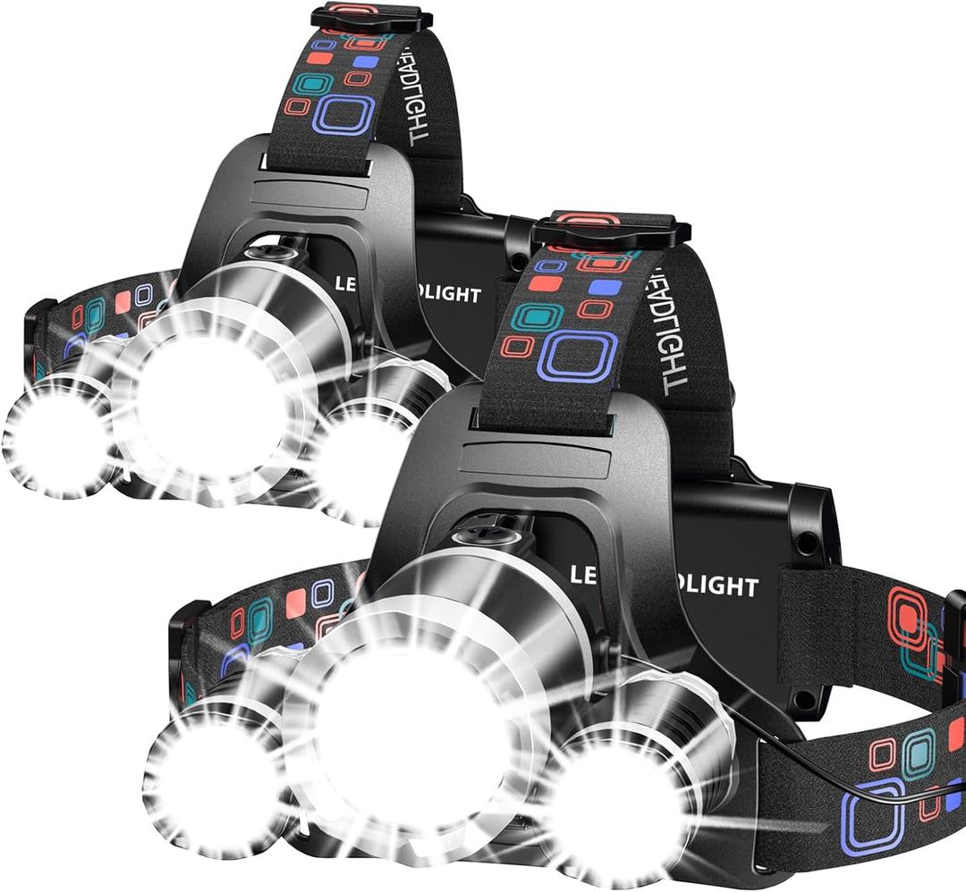 WdtPro Headlamp Rechargeable, 2 Pack 3000LM Bright Headlight, Lightweight Flashlight with 3 Powered LED, Waterproof 90Adjustable 4 Modes & Tail Lights Head Lamp for Camping Outdoor Running