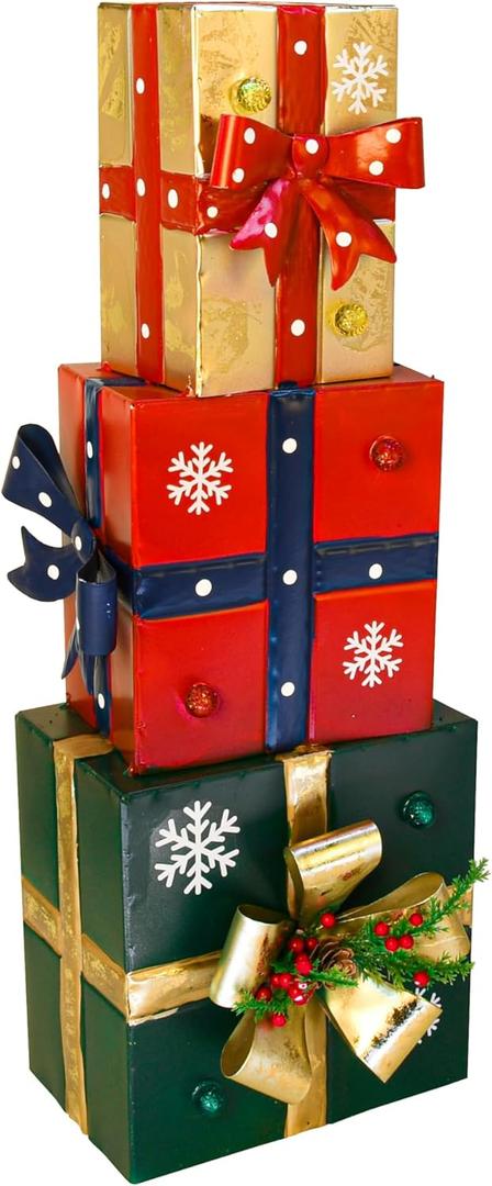 Owlgift Metal Christmas Lighted Decorative Boxes, 6 LED Box Decorations, Presents Boxes w/Ribbon Bows Decorations for Xmas Tree, Yard, Home, Indoor Outdoor Holiday Décor (Golden)