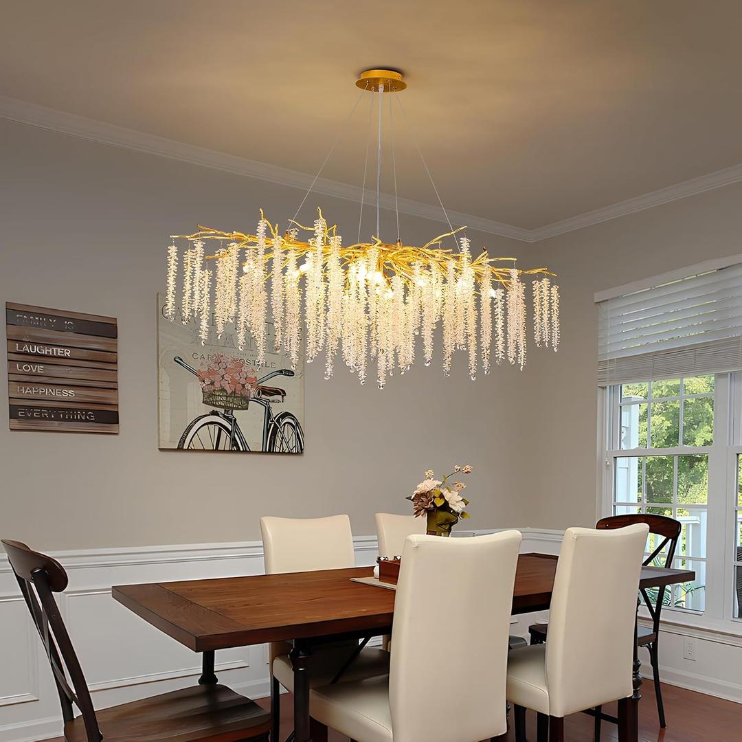 Tree Branch Chandelier L47 Luxury Rectangular Crystal Raindrop Pendant Light 13 Lights Kitchen Island Hanging Light Fixture for Living Room Dining Room Foyer Entryway Gold, Rectangular L47.3" Gold