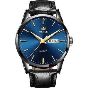 OLEVS Watch for Men Chronograph Brown Leather Analog Quartz Fashion Business Dress Large Face Men Watch Day Date Luminous Waterproof Casual Male Wrist Watch Black/Blue/White Dial