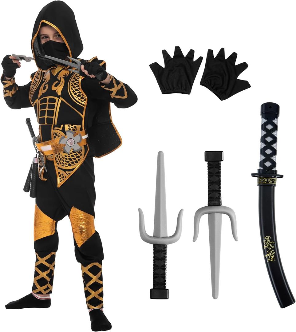 Spooktacular Creations Golden Ninja Costume Set, Ninja Jumpsuit with Foam Accessories for Kids, Toddler Halloween Outfit for Ideas Cosplay Party (Small, 5-7 yrs) (S (5-7 YRS), Gold)