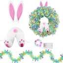 Knitgrip Easter Bunny Butt Wreath DIY Kit Spring Easter Tinsel Garland with LED String Lights Bunny Butt and Ears Wreath Attachment for Craft Front Door Car Spare Tire DIY Outdoor Decoration